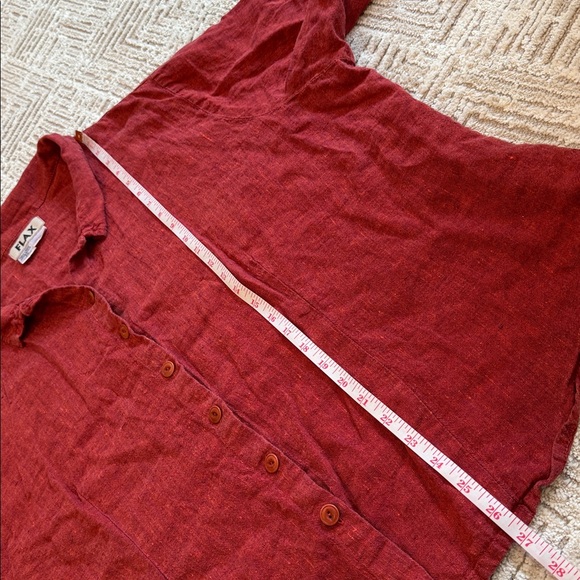 Flax Linen Red Button Down 3/4 Sleeve Collared Lagenlook Shirt - Picture 5 of 5